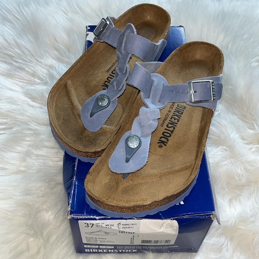 🆕 Birkenstock Gizeh Braided Dusty Blue Oiled Leather Sandals Size 37 US 6/6.5 - Picture 2 of 15